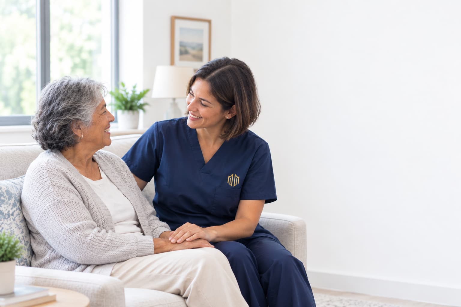 A nurse sitting with a resident on a sofa, both mid-conversation